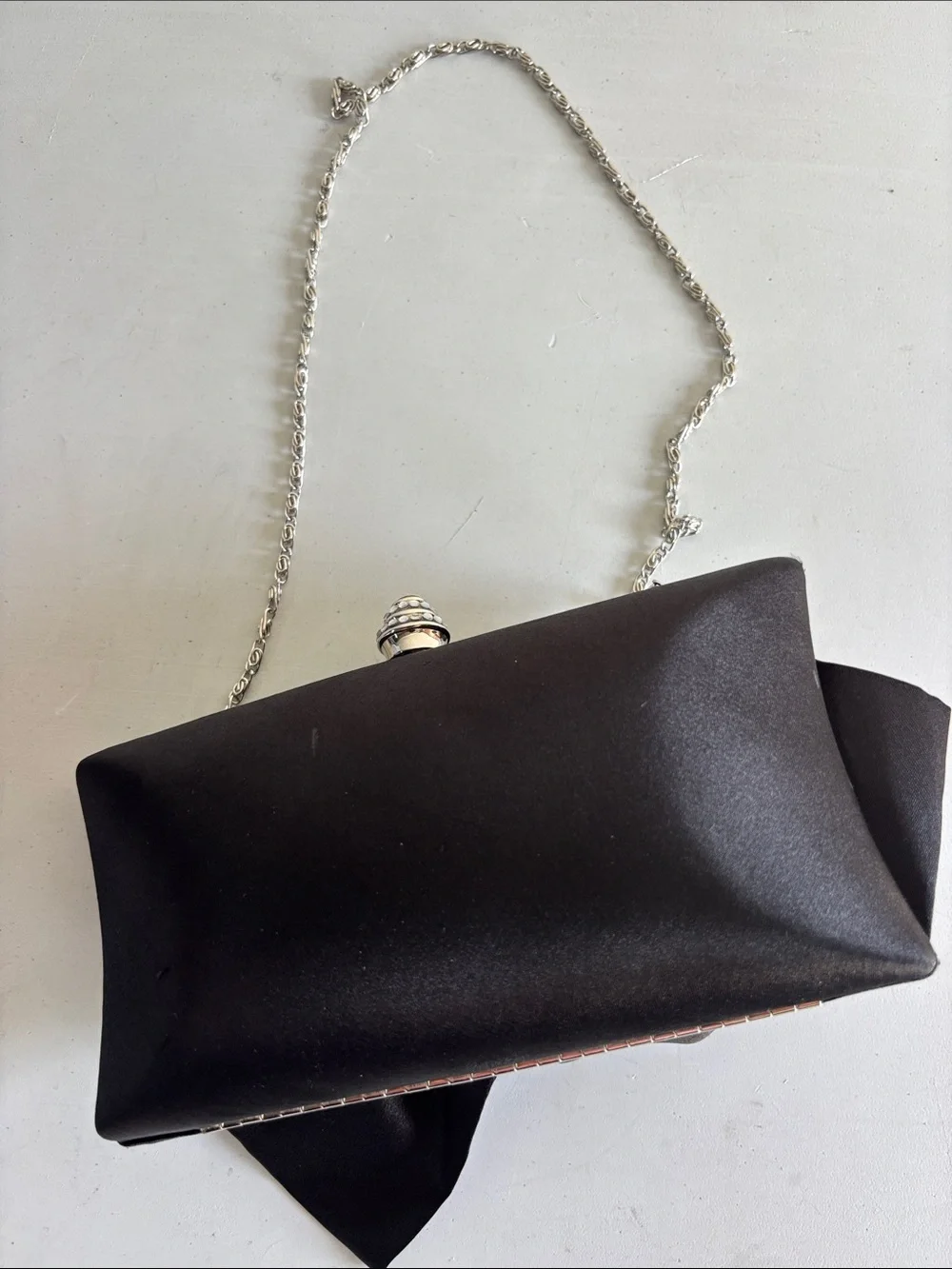 Black Satin Rose Appliqué Evening Clutch with Silver Chain